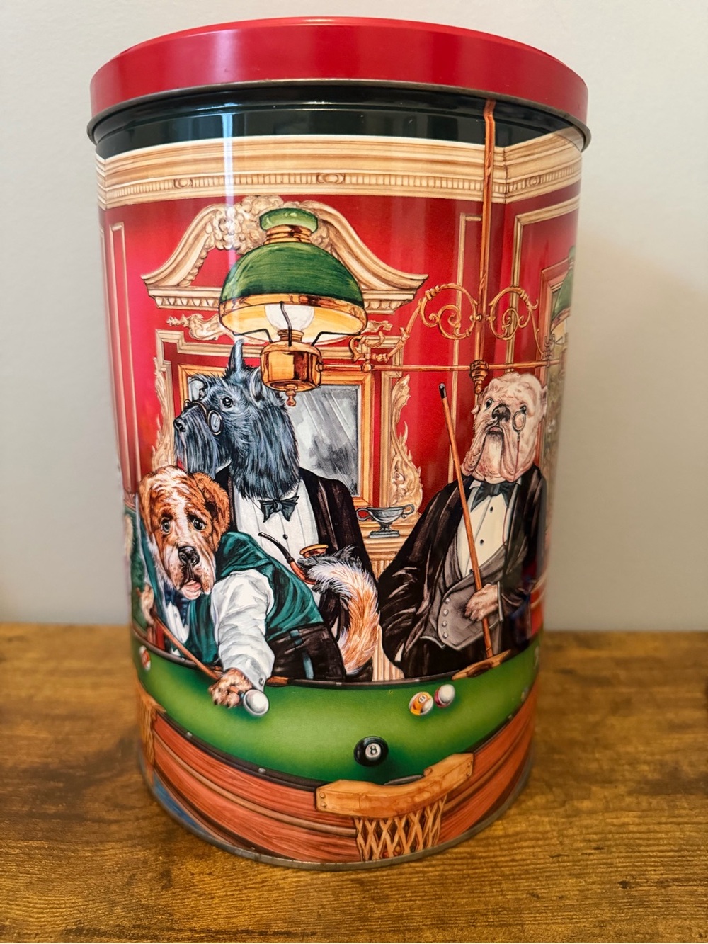 Vintage 1994‎ Nancy Bailey Dogs Playing Pool Billiards Metal Tin Canister w/ Lid